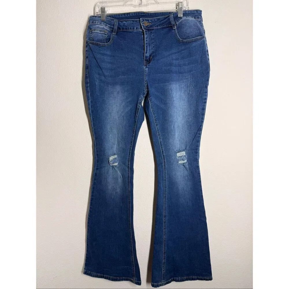 Women's Distressed Dark Wash Flare Leg Jeans Size L See Description